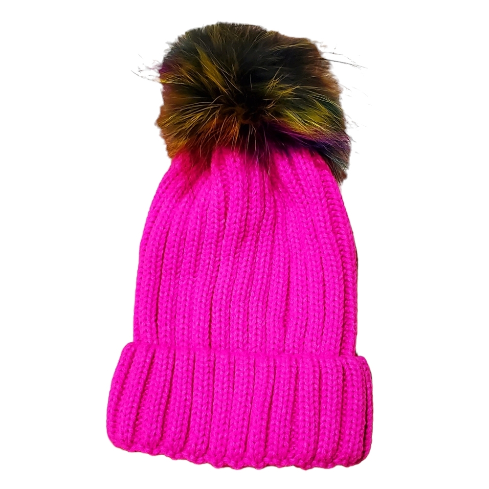 Fluorescent pink knit hat with multicolored pom